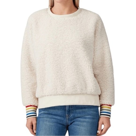 Sundry | Women’s Beige Sherpa Sweatshirt Rainbow Stripe Cuffs Size Small - Picture 1 of 7